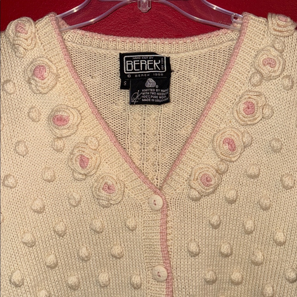 Berek Handknit 100% Wool Cardigan Sweater Made in Uruguay- Cream w/ Pink Trim - Picture 3 of 7
